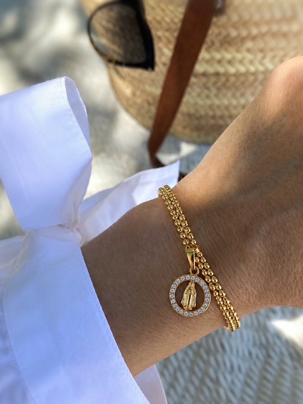 Gold Virgin Mary Charm Beaded Bracelet - Women's Religious Jewelry